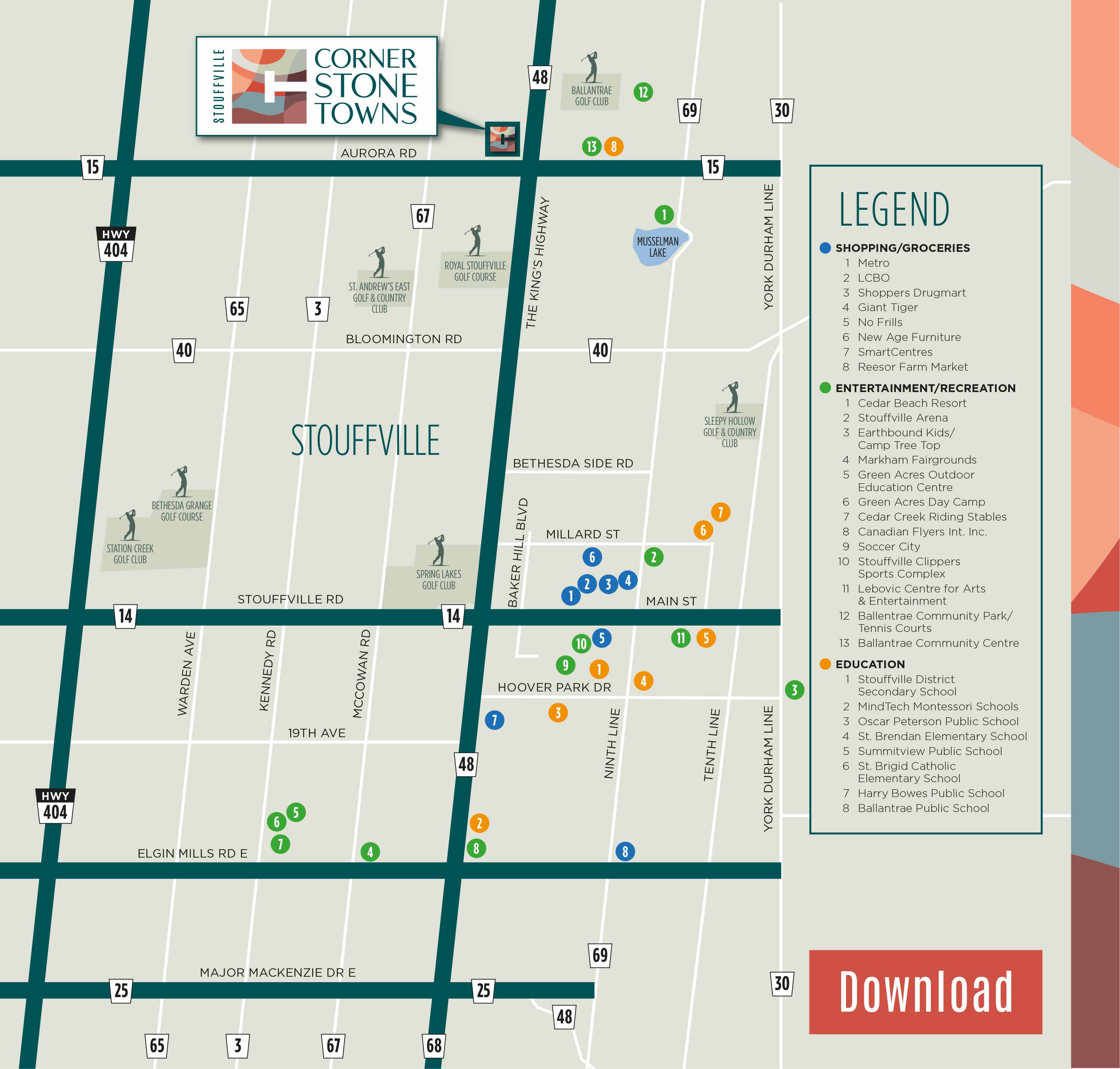 Cornerstone Towns keymap showing shopping, recreation, and schools around Stouffville